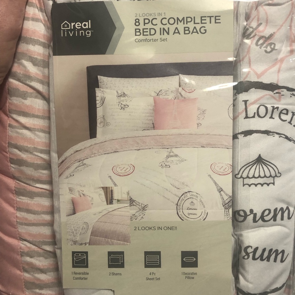 NWT Queen 8-Piece Comforter Bed-in-a-Bag Pink & White Paris France Travel Theme - Picture 4 of 7